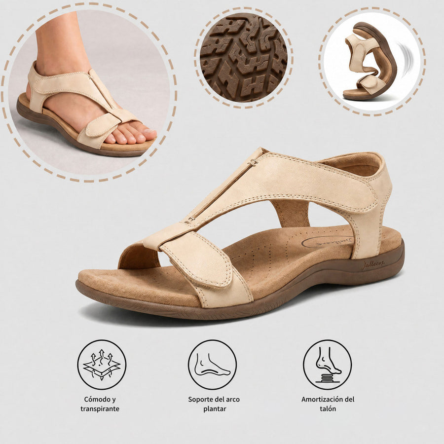 Sandalias ortopédicas cómodas: soporte ergonómico para el arco del pie, ancho ajustable y diseño que estiliza la pierna.