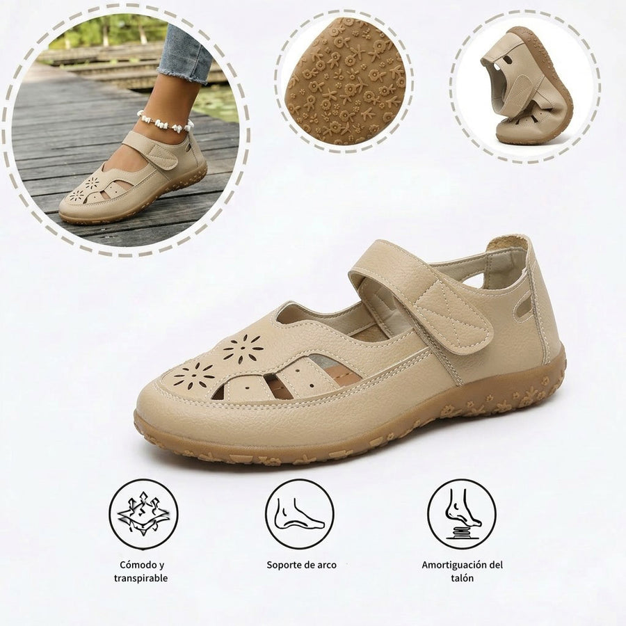 Sandalias con protección para los dedos: con soporte para el arco plantar, que alivia el dolor; ligeras y con amortiguación.