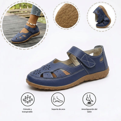 Sandalias con protección para los dedos: con soporte para el arco plantar, que alivia el dolor; ligeras y con amortiguación.
