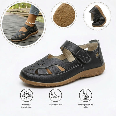 Sandalias con protección para los dedos: con soporte para el arco plantar, que alivia el dolor; ligeras y con amortiguación.