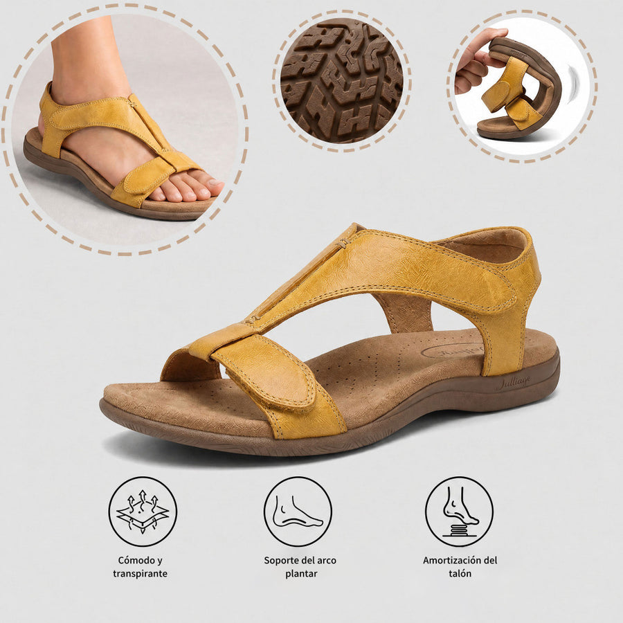 Sandalias ortopédicas cómodas: soporte ergonómico para el arco del pie, ancho ajustable y diseño que estiliza la pierna.